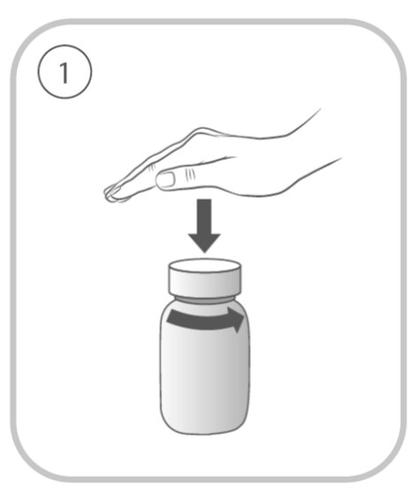 Mano che preme un tappo su un flacone cilindrico, freccia nera indica la direzione della pressione