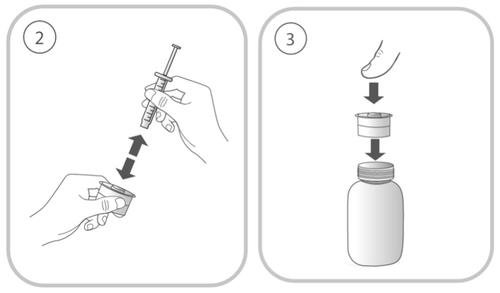 Mano che preleva farmaco da flacone con siringa e ago, freccia indica direzione di aspirazione e inserimento nel tappo