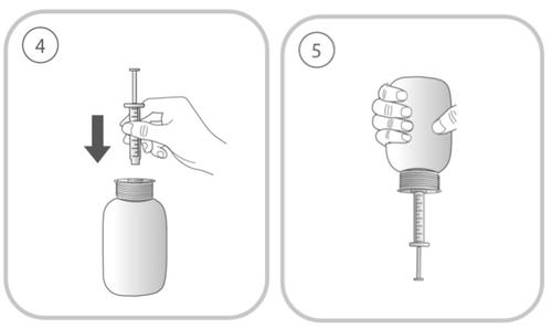 Fiala medicinale con tappo e siringa, freccia nera indica l