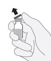 Mano che tiene un flaconcino di vetro con liquido e tappo nero parzialmente rimosso da una freccia