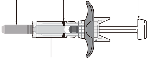 Siringa preriempita con stantuffo visibile e ago protetto da cappuccio di sicurezza grigio