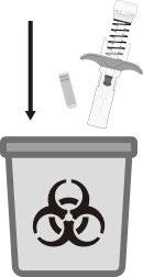 Siringa con ago che viene premuta verso un contenitore per rifiuti speciali con simbolo biohazard e tappo di protezione a lato