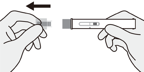 Due mani che tengono un dispositivo medico rettangolare con una finestra scorrevole e una freccia nera indica la direzione