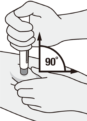 Mano che tiene una siringa con ago inserito nella pelle ad angolo retto di 90 gradi indicato da un arco e freccia