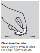 Mano che pulisce la zona di iniezione con un tampone imbevuto di alcol prima dell