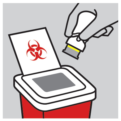 Contenitore per rifiuti speciali con simbolo biohazard rosso e siringa bianca sopra pronta per essere smaltita