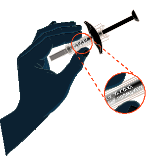 Mano con guanto che tiene una siringa preriempita, dettaglio ingrandito dell