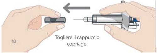 Mano che rimuove il cappuccio protettivo da una siringa preriempita con ago visibile freccia indica la direzione
