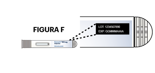 Penna precompilata con farmaco illustrata con etichetta indicante lotto e data di scadenza con freccia tratteggiata