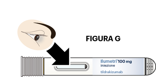 Occhio con freccia nera che indica una siringa preriempita con il farmaco Ilumetri 100mg tildrakizumab per iniezione