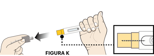 Mano che tiene un dispositivo per iniezione con ago e protezione, freccia che indica il movimento e dettaglio ingrandito del meccanismo