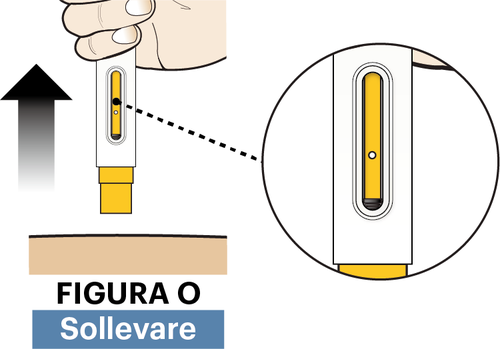 Dispositivo autoiniettante giallo e bianco con freccia nera verso l