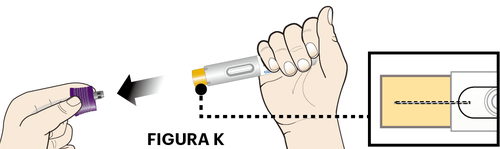 Mano che tiene una siringa preriempita con ago rivolto verso il basso e dettaglio ingrandito dell