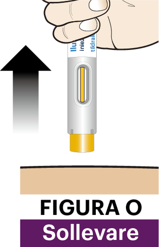 Penna per iniezione con ago arancione che penetra nella pelle beige, freccia grigia indica il movimento verso l