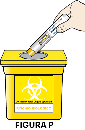 Penna precompilata Humira 200mg con ago protettivo inserito in contenitore giallo per oggetti appuntiti con simbolo di rischio biologico