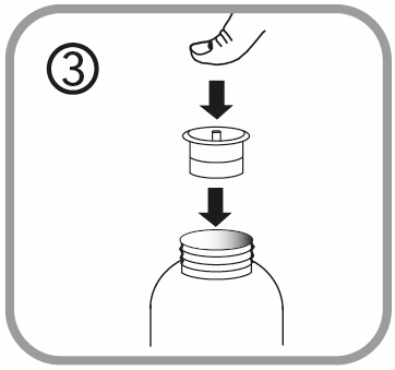 Fiala con tappo e flacone sovrapposti da una freccia nera che indica la direzione di inserimento