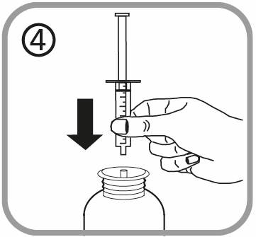 Siringa con ago che penetra nel tappo di un flacone medicinale, mano che spinge verso il basso e freccia nera indicante la direzione