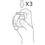 Mano che tiene un dispositivo autoiniettante con ago esposto e freccia che indica la pressione verso il basso ripetuta tre volte