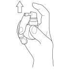 Mano che tiene un dispositivo spray nasale bianco con un meccanismo di attivazione superiore