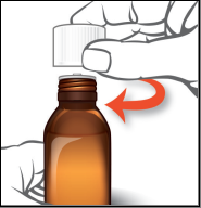 Flacone di vetro marrone con tappo bianco avvitato e freccia rossa che indica il senso di apertura