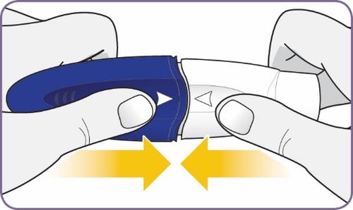 Dispositivo blu con due frecce gialle che indicano la direzione opposta e due dita che lo tengono saldamente