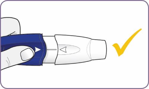 Penna iniettabile blu e bianca con ago esposto e segno di spunta giallo che indica corretto utilizzo
