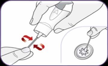 Penna per iniezione con ago metallico e frecce rosse che indicano la rotazione durante l