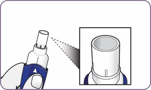 Dispositivo medico bianco e blu con pulsante grigio e dettaglio ingrandito del cilindro trasparente