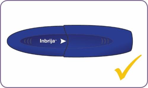Penna autoiniettante blu Inbrija con freccia bianca e spunta verde a destra