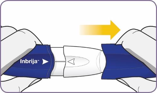 Dispositivo Inbrija blu e bianco tenuto tra due mani con freccia gialla che indica la direzione di inserimento