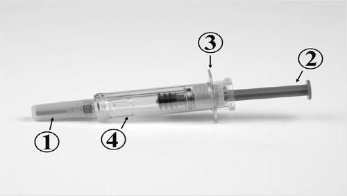 Siringa preriempita trasparente con stantuffo nero e ago metallico numerati con cerchi da 1 a 4