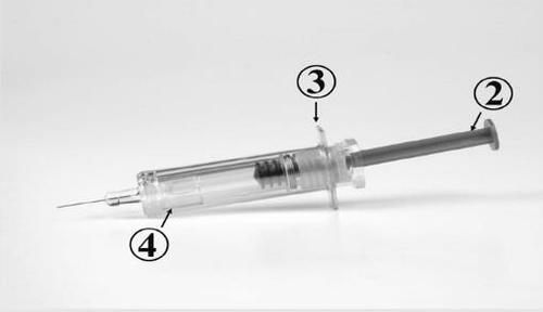 Siringa trasparente con ago metallico e pistone visibile numerata con i numeri 3 e 4 in cerchi