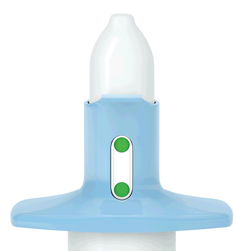 Dispositivo spray nasale blu e bianco con due indicatori verdi luminosi su un corpo cilindrico