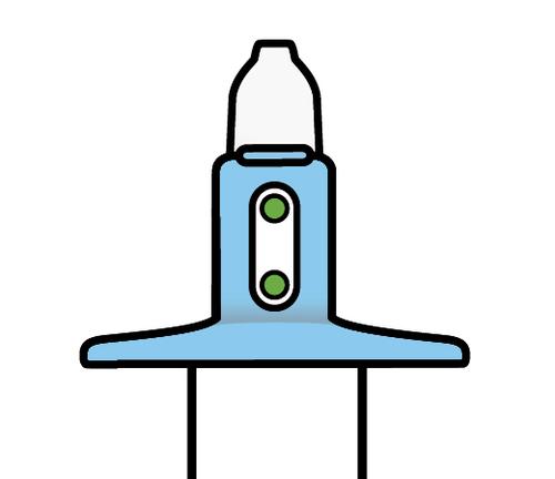 Dispositivo medico blu con serbatoio superiore bianco e due pulsanti verdi laterali collegato a tubicini neri sottili