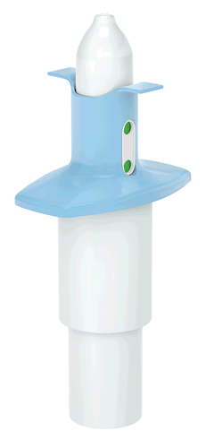 Dispositivo spray nasale bianco e azzurro con due indicatori verdi laterali e ugello protettivo