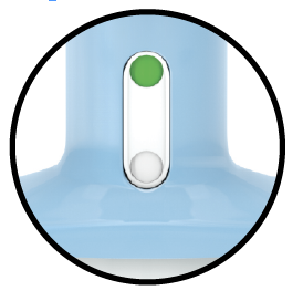 Dispositivo medico blu con interruttore bianco e indicatore luminoso verde acceso all