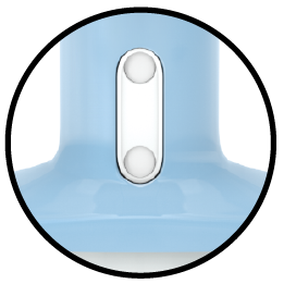 Dettaglio di un dispositivo medico blu con due pulsanti bianchi verticali e una forma allungata centrale