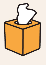 Scatola di fazzoletti rettangolare arancione con apertura circolare e fazzoletti bianchi sporgenti