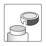 Fiala medicinale con tappo bianco e guaina protettiva parzialmente rimossa per l