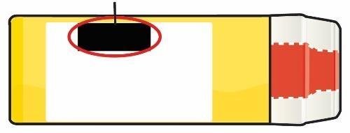 Fiala medicinale gialla con tappo rosso e area evidenziata da cerchio rosso contenente un rettangolo nero