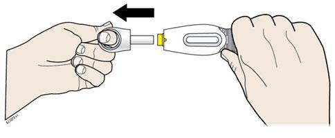 Mano che collega un ago a una penna per iniezione con un connettore giallo e un meccanismo di rotazione