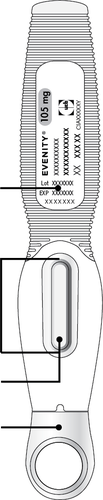 Penna precompilata Eventity da 105mg con indicazioni di dosaggio e lotto numerico, dettaglio dell