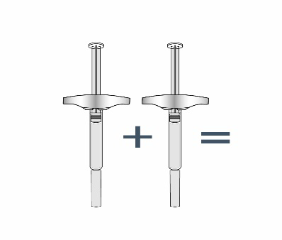 Due siringhe preriempite con stantuffo blu e segni di graduazione pi&ugrave; simbolo pi&ugrave; e uguale
