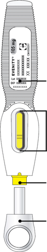 Penna iniettabile Everity con dosaggio 105 mg, indicatore giallo e componenti evidenziati da linee e punti neri