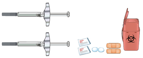 Due siringhe preriempite, un contenitore per rifiuti speciali con simbolo biohazard, tamponi di alcol e cerotti adesivi