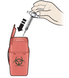 Siringa con ago che viene inserita in un contenitore rosso per rifiuti speciali con simbolo di rischio biologico freccia indica la direzione