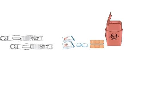 Test di gravidanza, contenitore per oggetti taglienti rossi, tamponi di alcol, cerotti e guanti protettivi blu