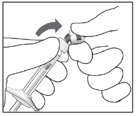 Mano che tiene un dispositivo di iniezione con ago inserito e freccia curva che indica la direzione di rotazione