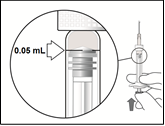 Siringa preriempita con indicazione 0.05 mL, dettaglio dell
