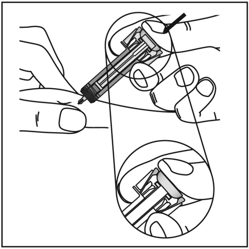 Siringa con ago che inietta farmaco nel tessuto sottocutaneo evidenziato da un ingrandimento circolare